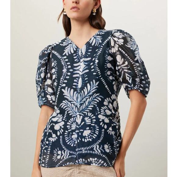 Marie Oliver Tops - Marie Oliver Augustine Top Floral Linen Silk Blend Puff Sleeve Blouse Blue Small